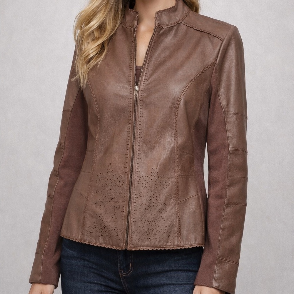 NYGARD Collection Leather Jacket M Brown Scalloped Trim Zip Front